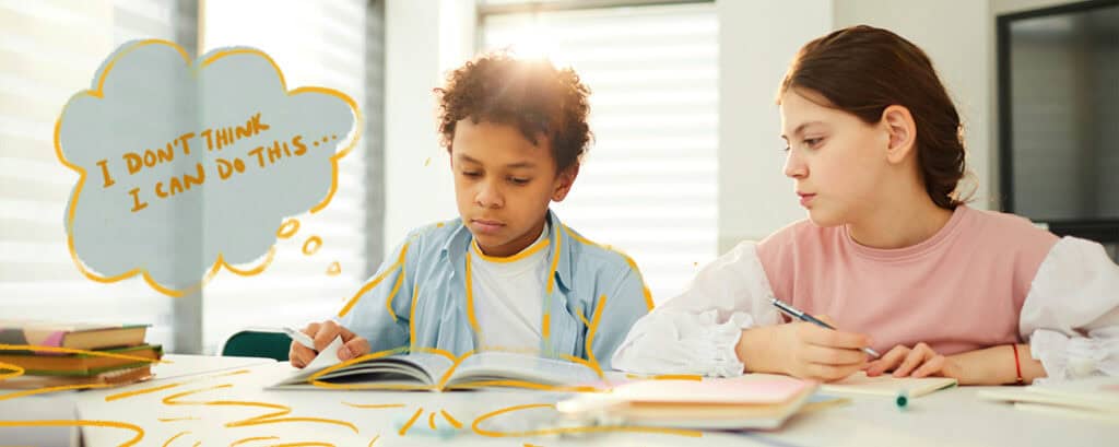 A boy looking at his homework with a thought bubble that says "I don't think I can do this"