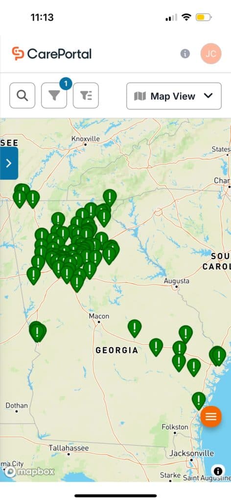 The map view in CarePortal, a care-sharing app for foster parents and more.