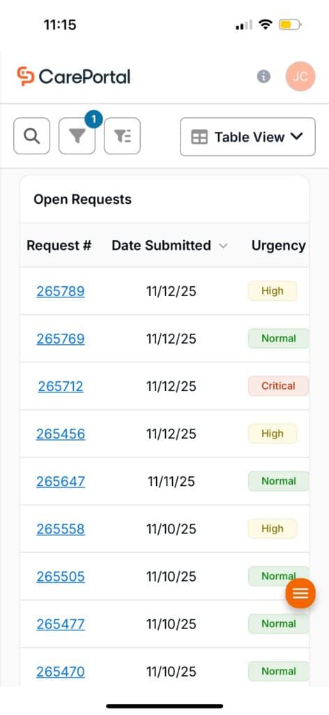 The table view in CarePortal, a care-sharing app for foster parents and more.
