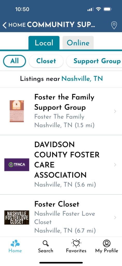 The community support page of Foster Friendly, an app for foster parents.