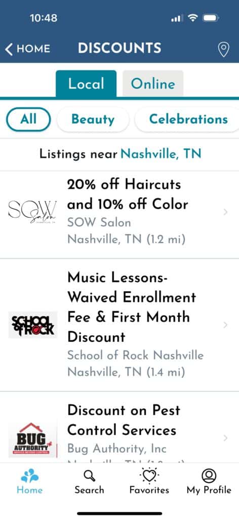 The discounts page of Foster Friendly, an app for foster parents.