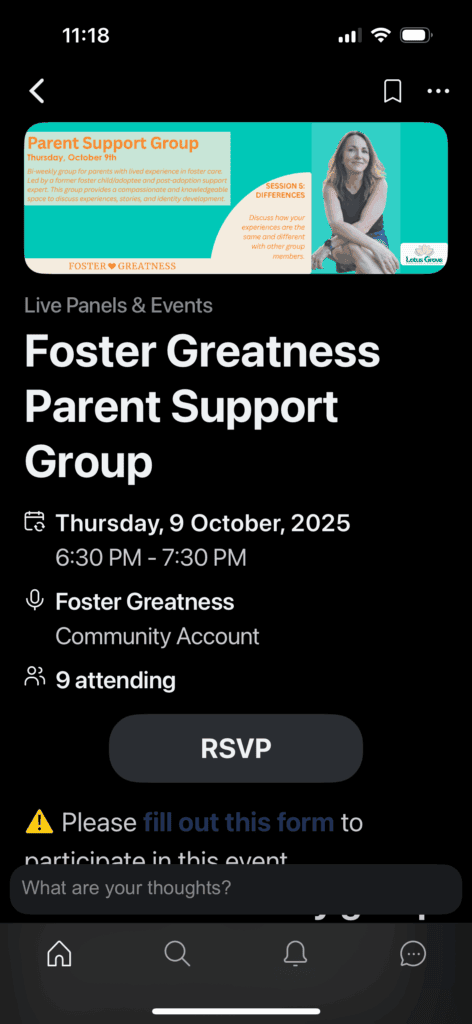 The Foster Greatness Parent Support group as seen on the app.
