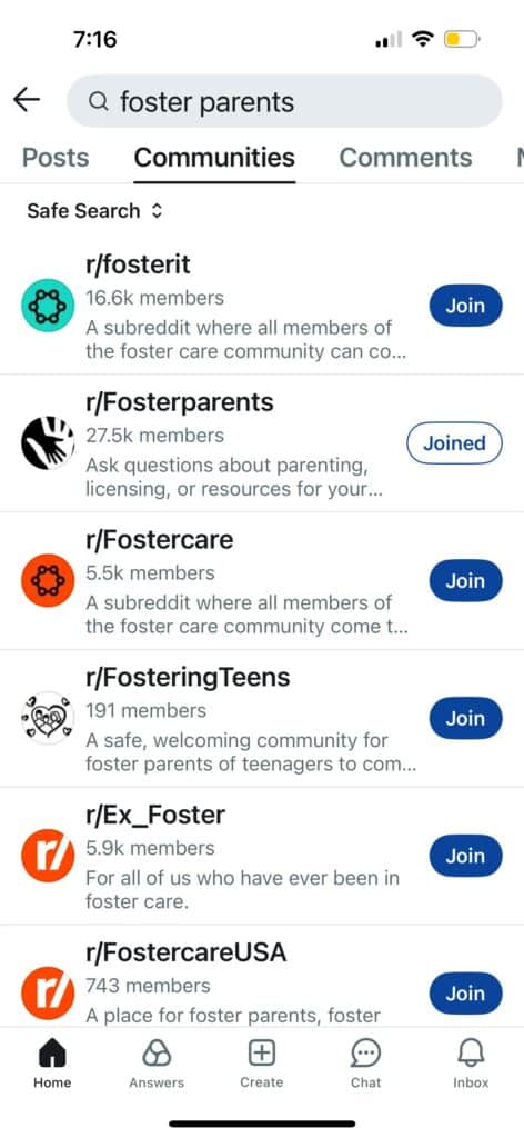 The search results for "foster parents" in Reddit.