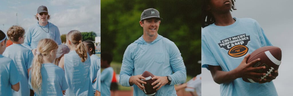 An image of coaches, kids, and Colt McCoy at the Colt McCoy Performance Camp.