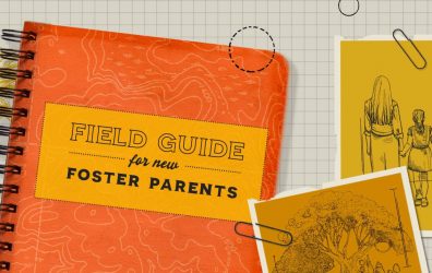 An orange handbook titled "Field Guide for New Foster Parents" rests on a white background.