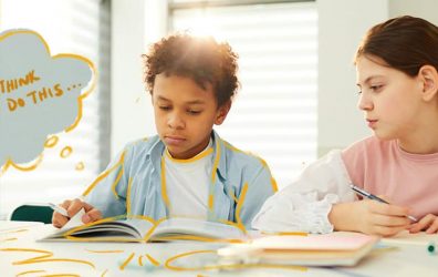 A boy looking at his homework with a thought bubble that says "I don't think I can do this"