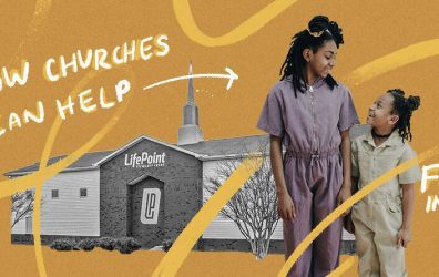 Siblings stand together outside Lifepoint Church, whose church wraparound care made fostering a large sibling set possible.