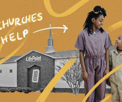 Siblings stand together outside Lifepoint Church, whose church wraparound care made fostering a large sibling set possible.