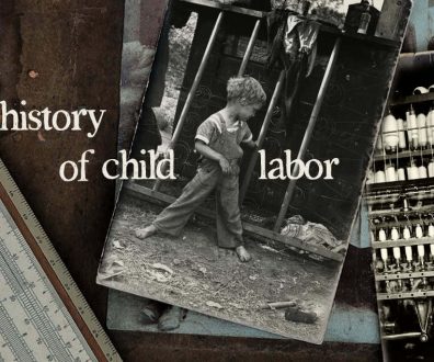 The history of child labor in America is shown with old, black and white photos of children in factories and mills.