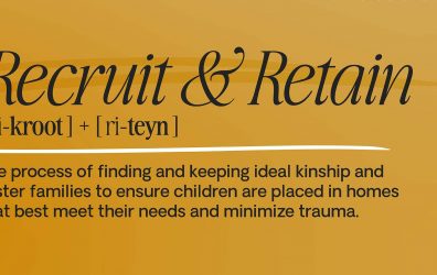 The definition of Recruit & Retain: The process of finding and keeping ideal kinship and foster families to ensure children are placed in homes that best meet their needs and minimize trauma